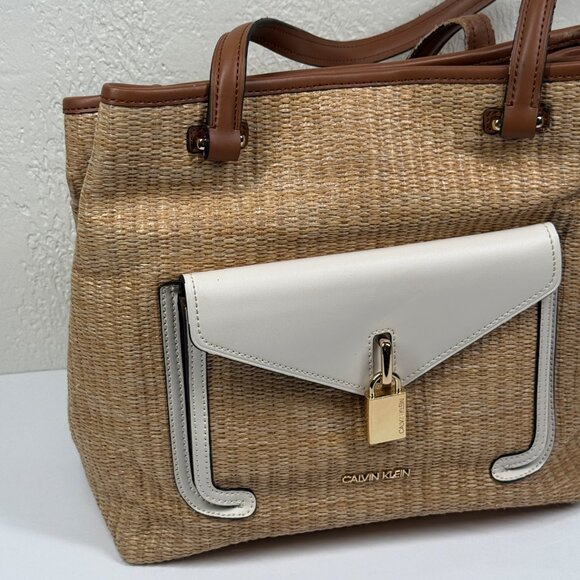 Calvin Klein Natural Straw & Brown White Leather Trim Tote Bag Canvas Raffia - Picture 4 of 8